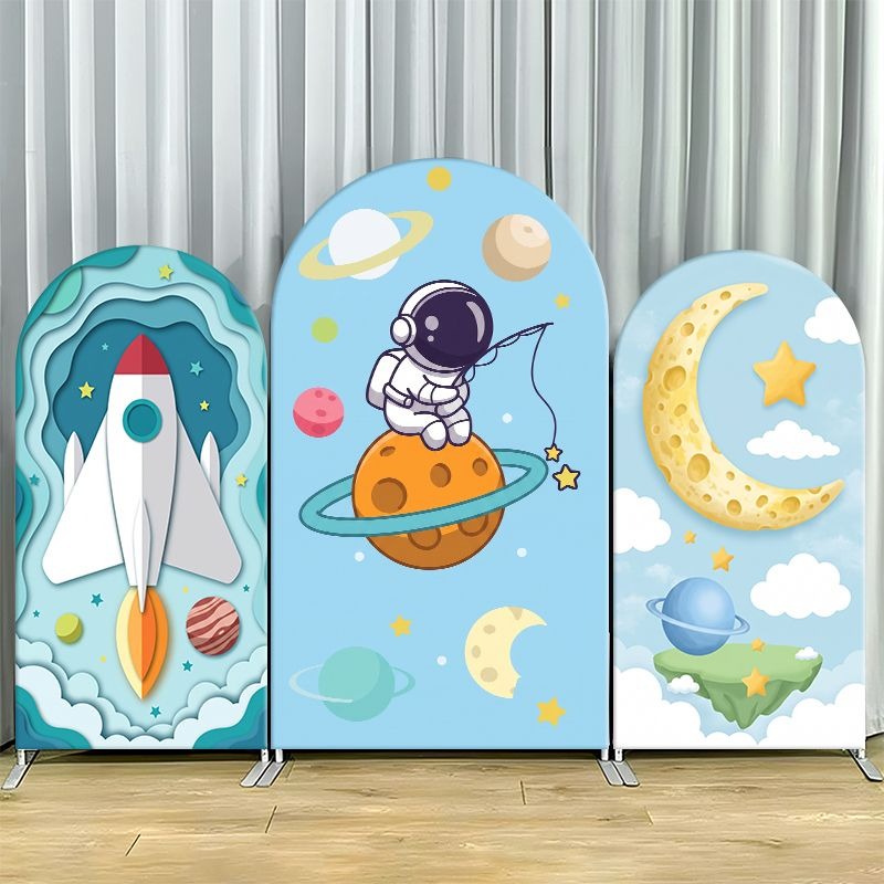 Event Launch Party - Elastische Doppelschicht-Bogen-Hintergrundabdeckung Weltraum-Abenteuer-Hintergrund-Banner-Set mit Raketenstart, Saturn-Planeten